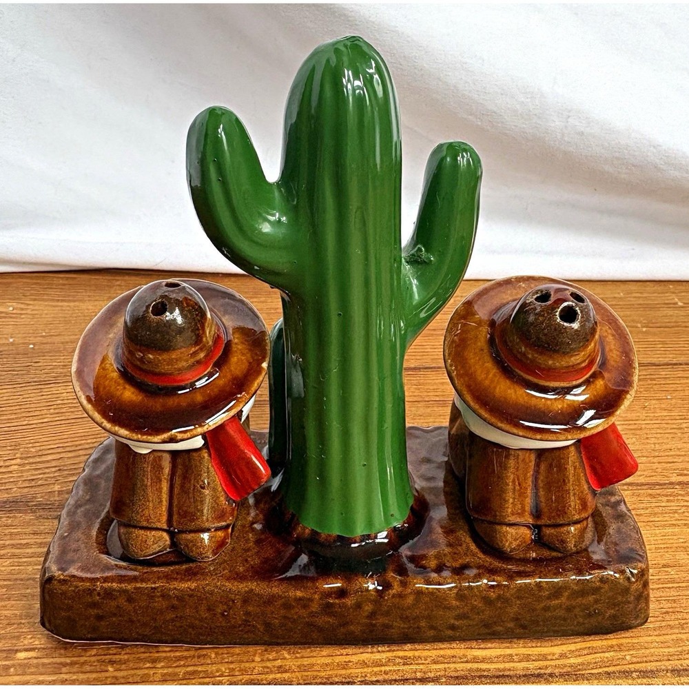 Vintage Ceramic Cowboy Cactus Salt & Pepper Shakers Set w/ Holder/Base Japan